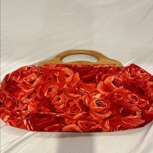 Floral Red Women's Bag with Wooden Handle
